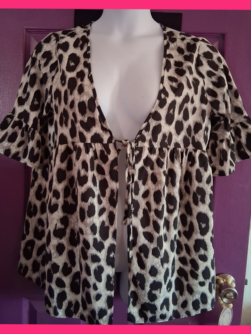SHEIN Cream and Black Leopard Tie-Front Short Sleeve Blouse